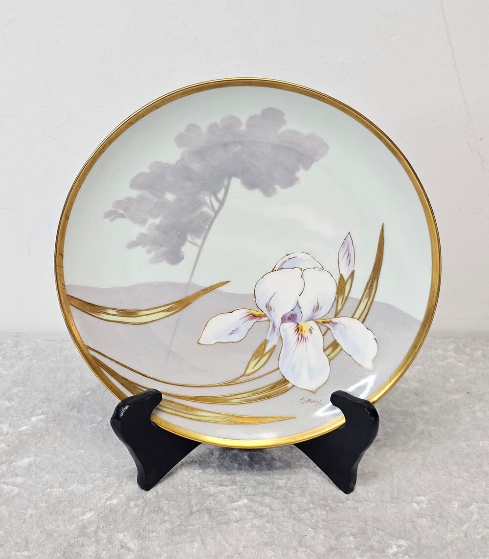 Vintage Coronet Limoges Hand Painted Artist Signed Purple Iris Bowl Era 1920s